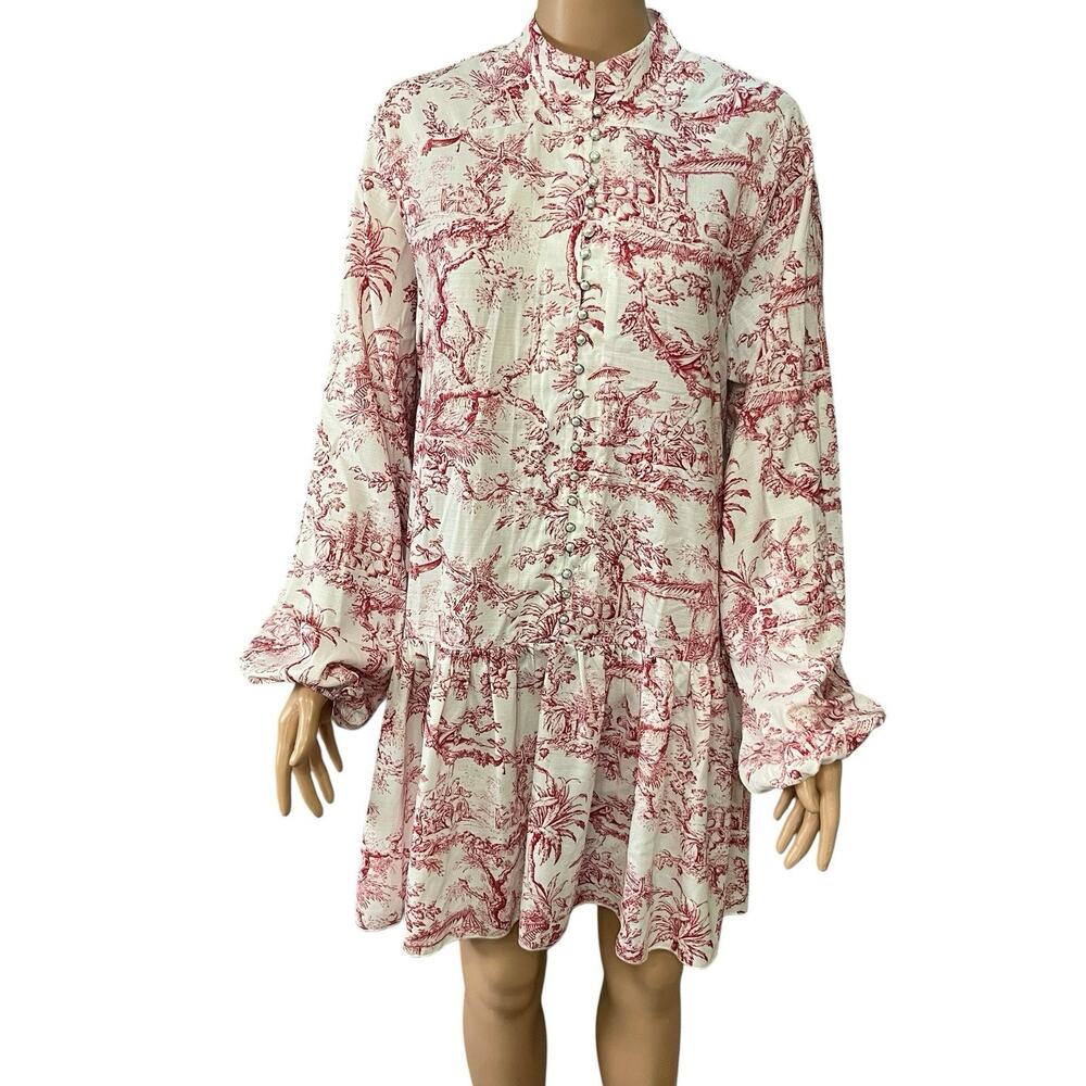 Commense Toile De Jouy Mini Dress Medium Button Down Balloon Sleeve Missing Belt